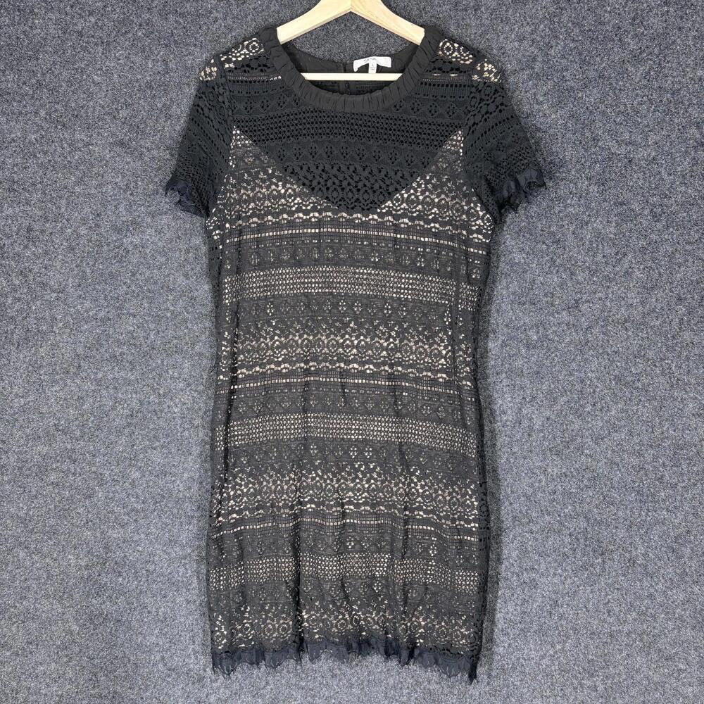 Ezra Dress Women L Large Black Geometric Crochet Sheath Midi Lined Cotton